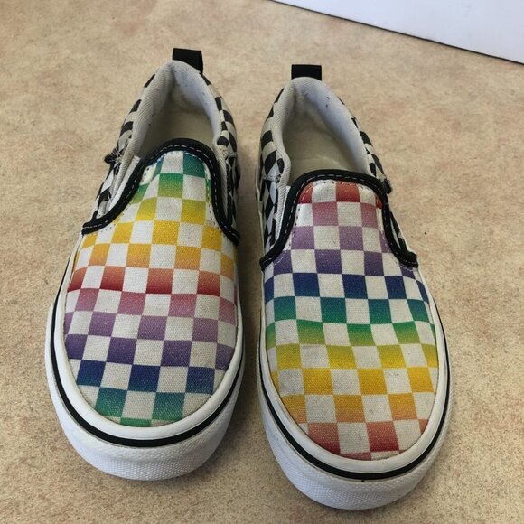 Vans Asher Classic Slip On Rainbow Checkered Sneakers Youth Missy Size 12 - Picture 3 of 11